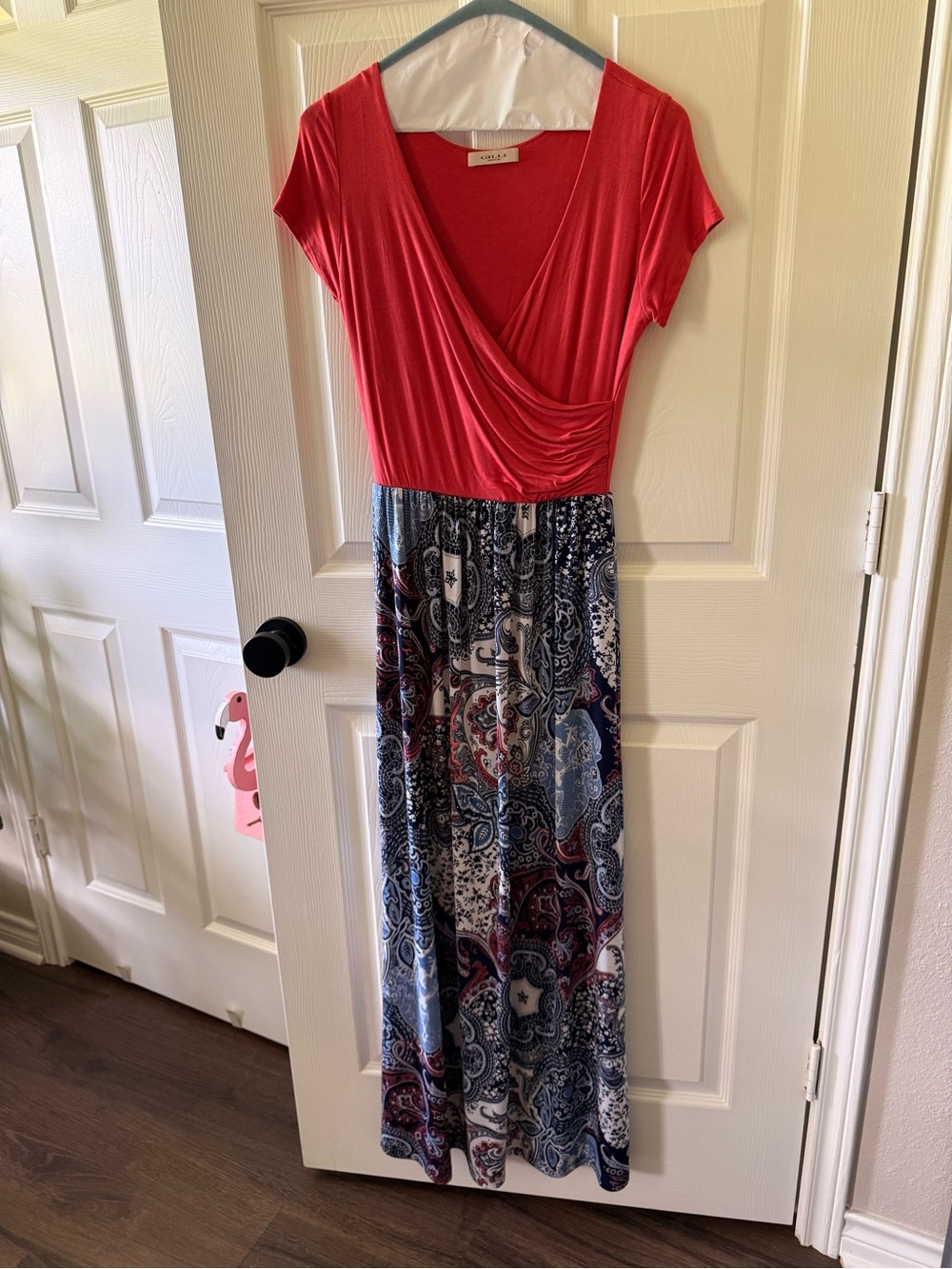Coral Pink Surplice Bodice Paisley Maxi Dress